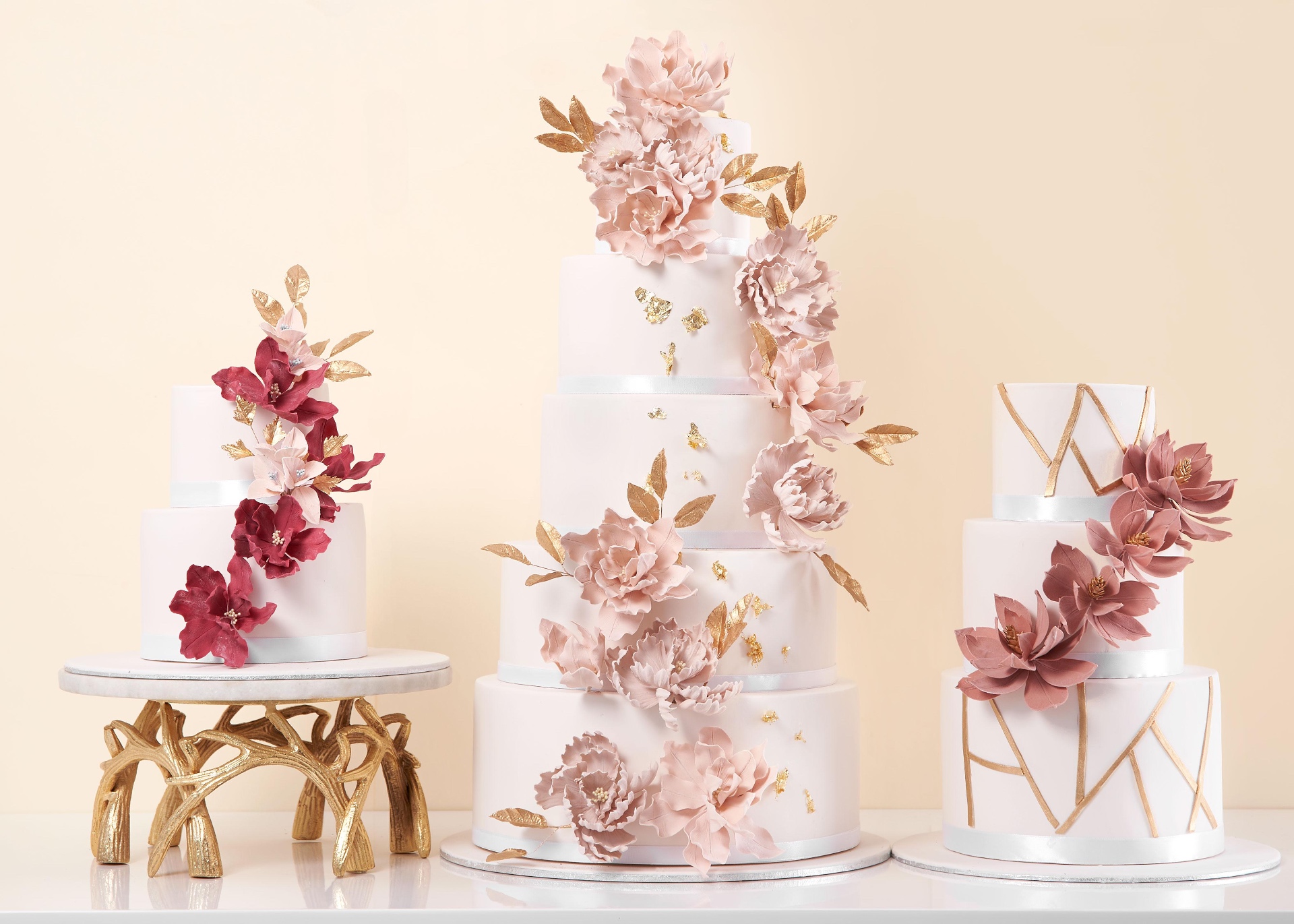 Tiered wedding cakes with handmade sugar flowers